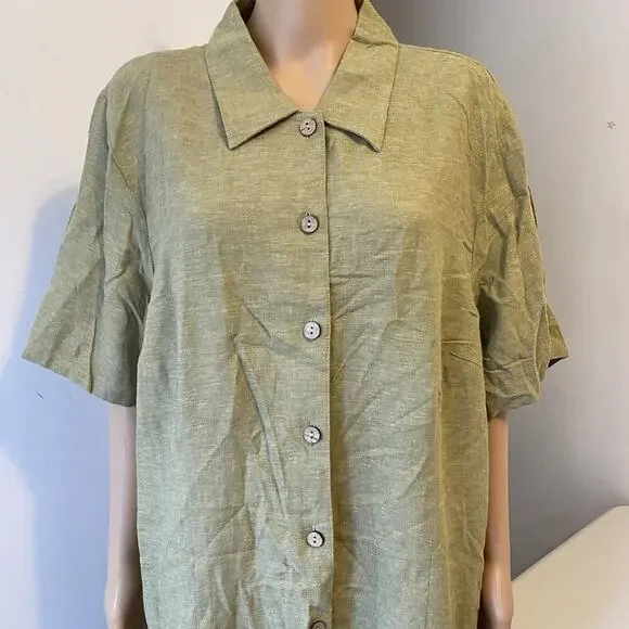 New WhiteStag Women 22W ShortSleeve LinenRayon Midi ShirtDress Green Button Up - Picture 6 of 9